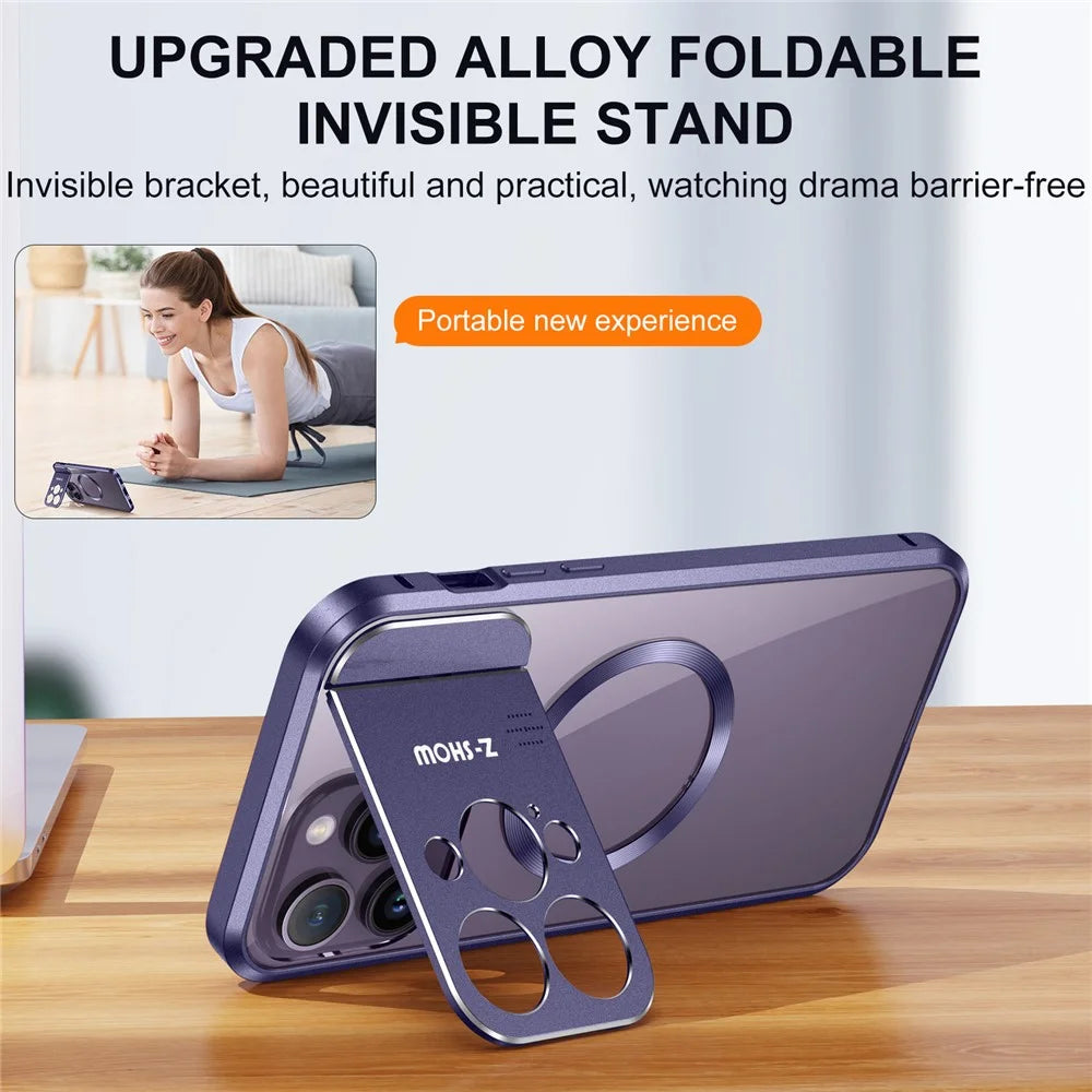 For iPhone 16 Pro Max Magnetic Case Kickstand Alloy+Acrylic Phone Cover with Aromatherapy Tablet - Purple - 5