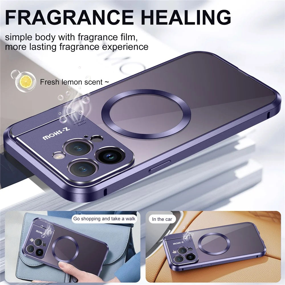 For iPhone 16 Pro Max Magnetic Case Kickstand Alloy+Acrylic Phone Cover with Aromatherapy Tablet - Purple - 7