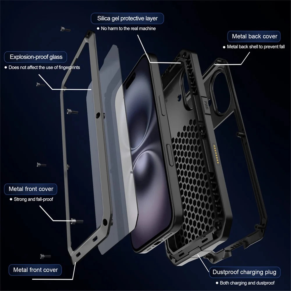 For iPhone 16 Case Silicone+Metal Phone Cover with Tempered Glass Screen Protector - Black - 7