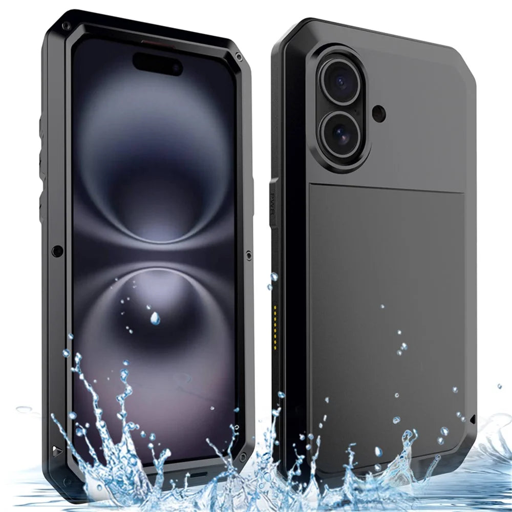 For iPhone 16 Plus Case Silicone+Metal Phone Cover with Tempered Glass Screen Protector - Black - 1