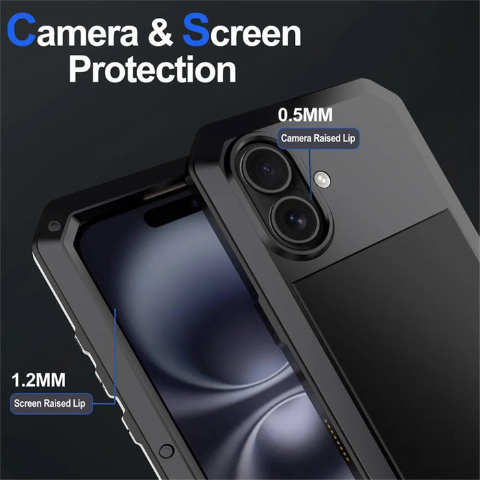 For iPhone 16 Plus Case Silicone+Metal Phone Cover with Tempered Glass Screen Protector - Black - 5