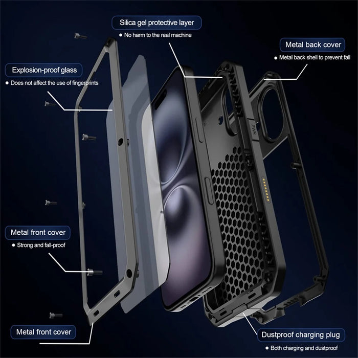 For iPhone 16 Plus Case Silicone+Metal Phone Cover with Tempered Glass Screen Protector - Black - 7