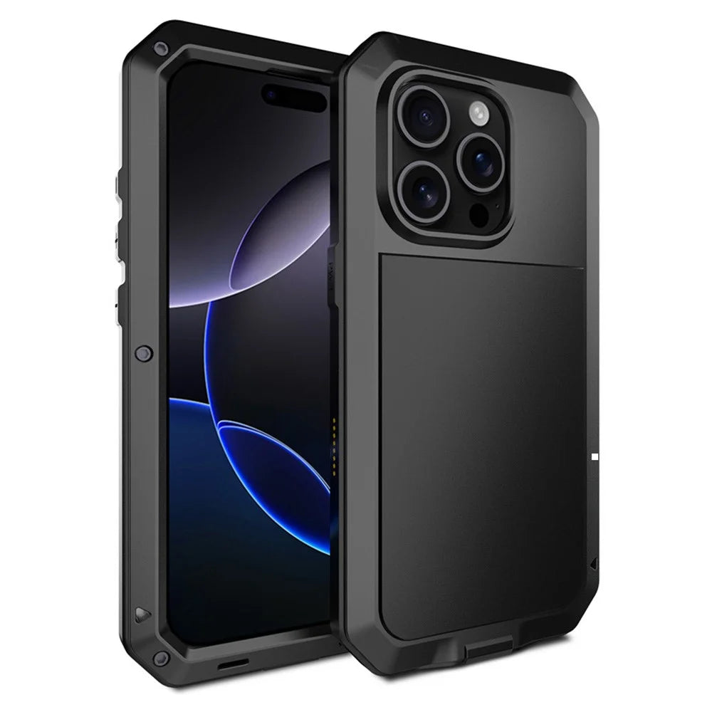 For iPhone 16 Pro Case Silicone+Metal Phone Cover with Tempered Glass Screen Protector - Black - 1