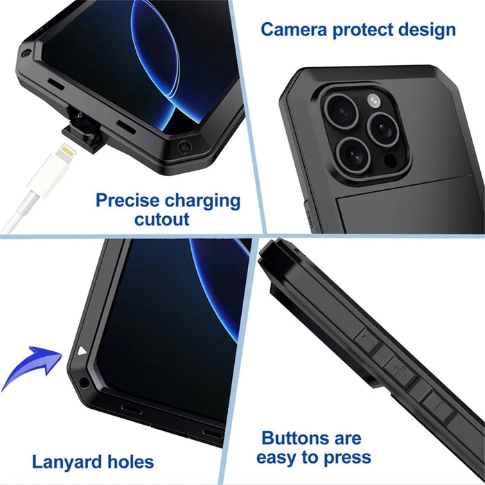 For iPhone 16 Pro Case Silicone+Metal Phone Cover with Tempered Glass Screen Protector - Black - 7