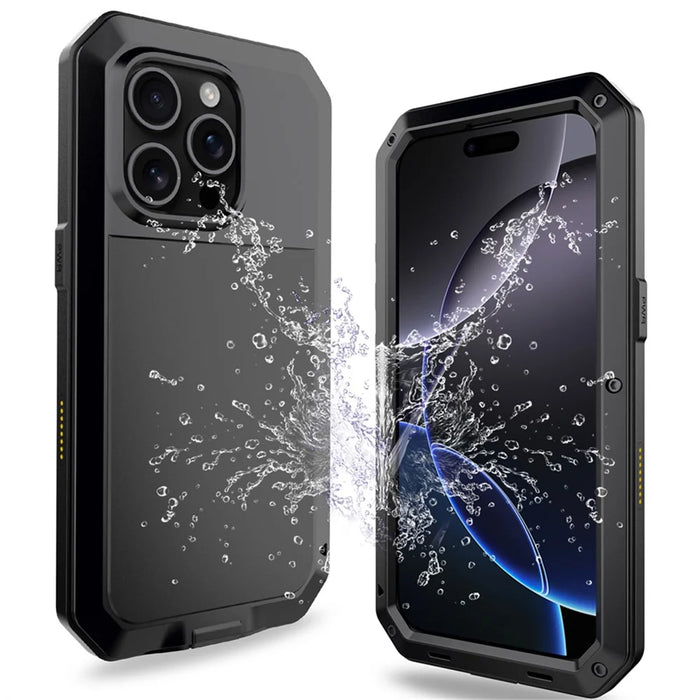 For iPhone 16 Pro Max Case Silicone+Metal Phone Cover with Tempered Glass Screen Protector - Black - 2