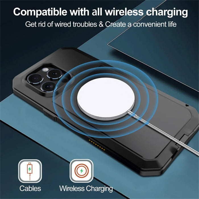 For iPhone 16 Pro Max Case Silicone+Metal Phone Cover with Tempered Glass Screen Protector - Black - 4