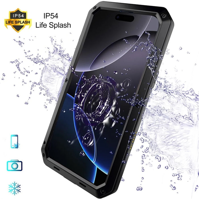 For iPhone 16 Pro Max Case Silicone+Metal Phone Cover with Tempered Glass Screen Protector - Black - 5