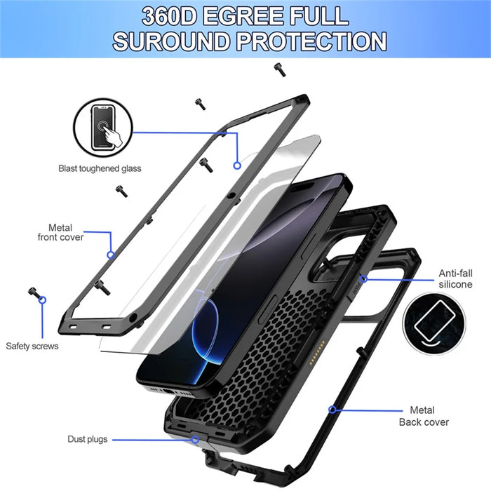 For iPhone 16 Pro Max Case Silicone+Metal Phone Cover with Tempered Glass Screen Protector - Black - 6