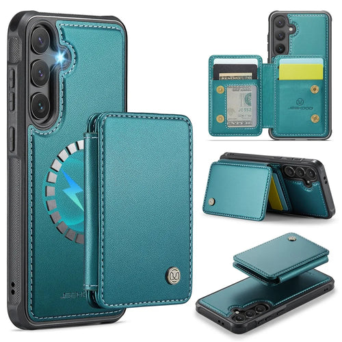 JEEHOOD J05 For Samsung Galaxy S24 FE Case Leather Mobile Cover with Detachable Magnetic Card Bag - Blue - 1