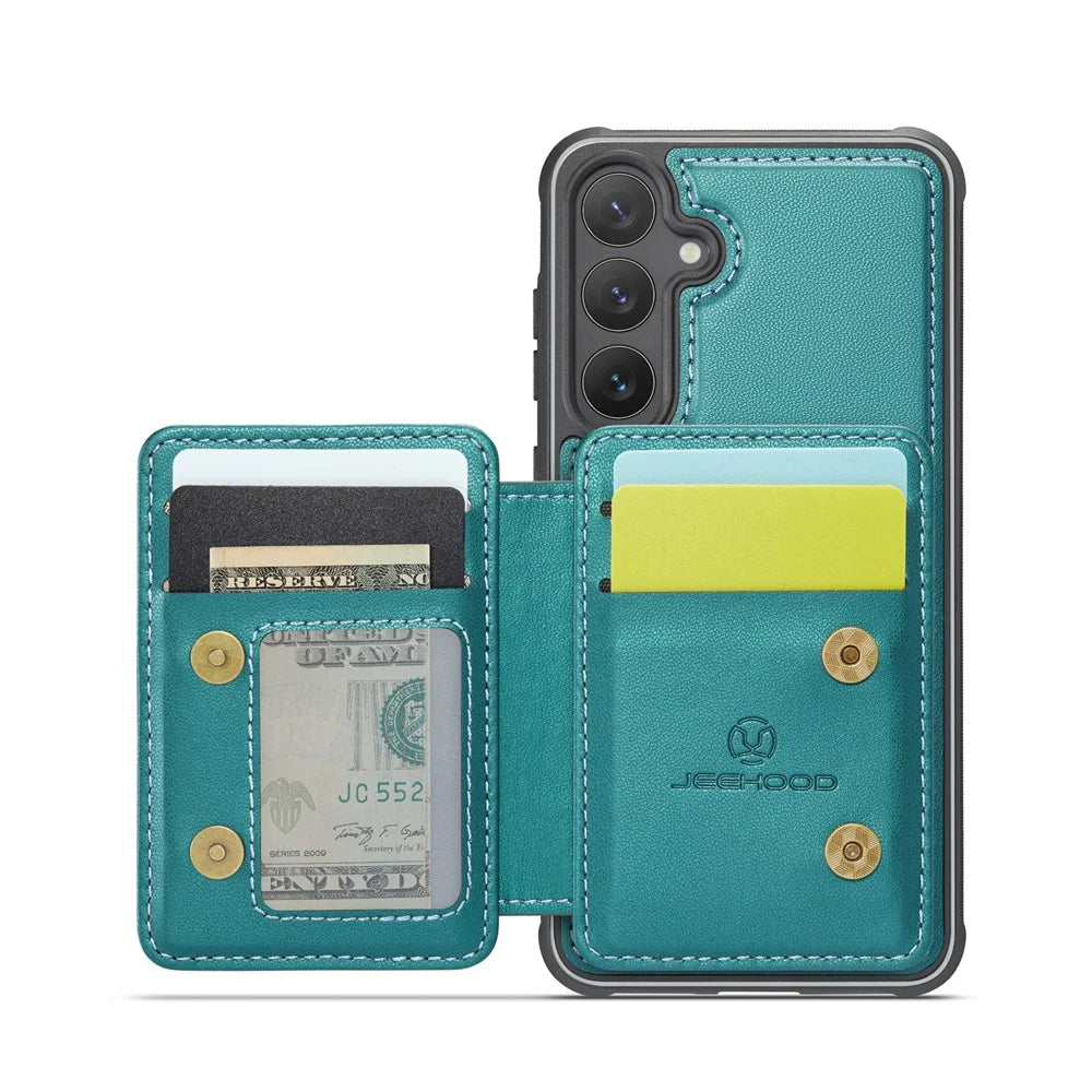 JEEHOOD J05 For Samsung Galaxy S24 FE Case Leather Mobile Cover with Detachable Magnetic Card Bag - Blue - 3