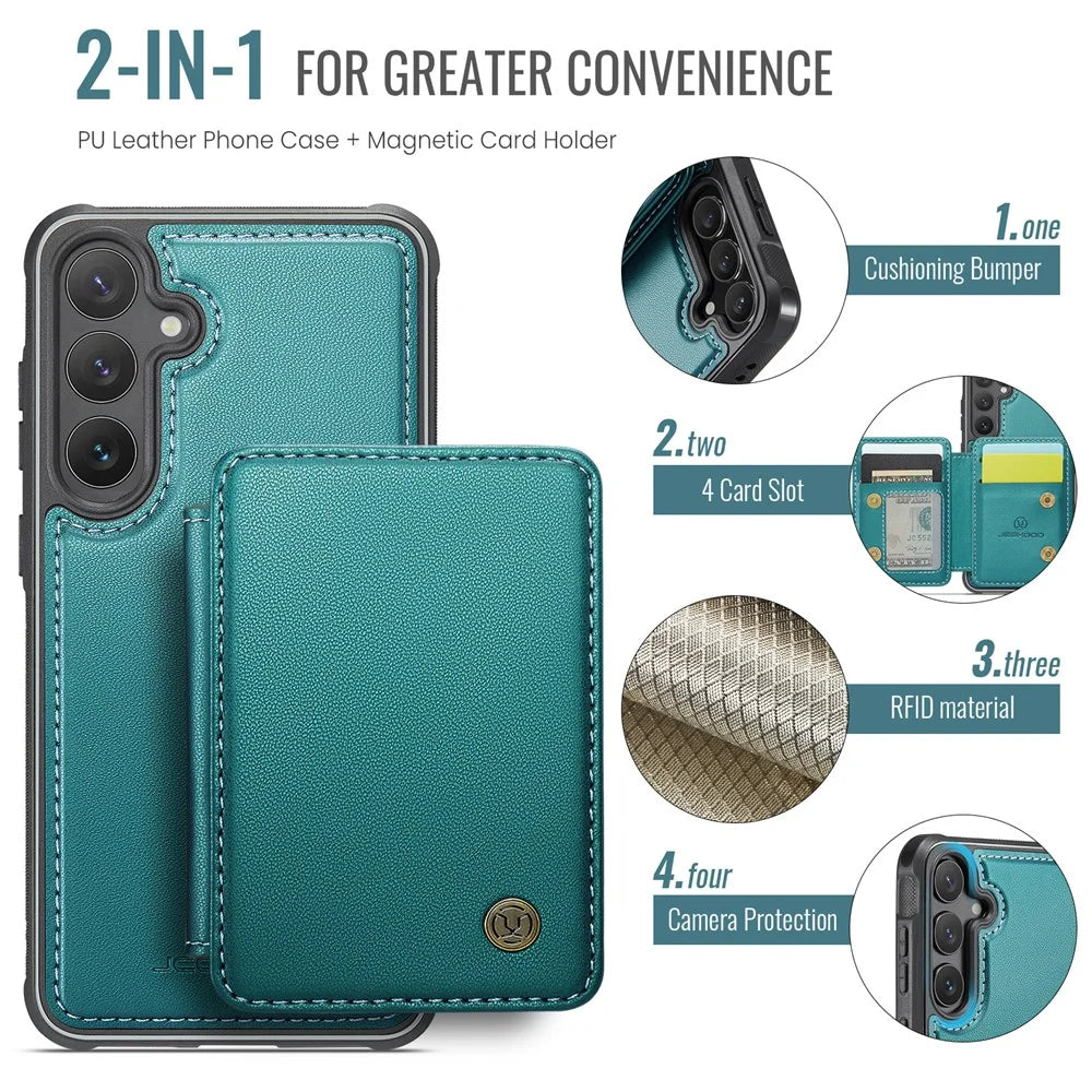 JEEHOOD J05 For Samsung Galaxy S24 FE Case Leather Mobile Cover with Detachable Magnetic Card Bag - Blue - 6