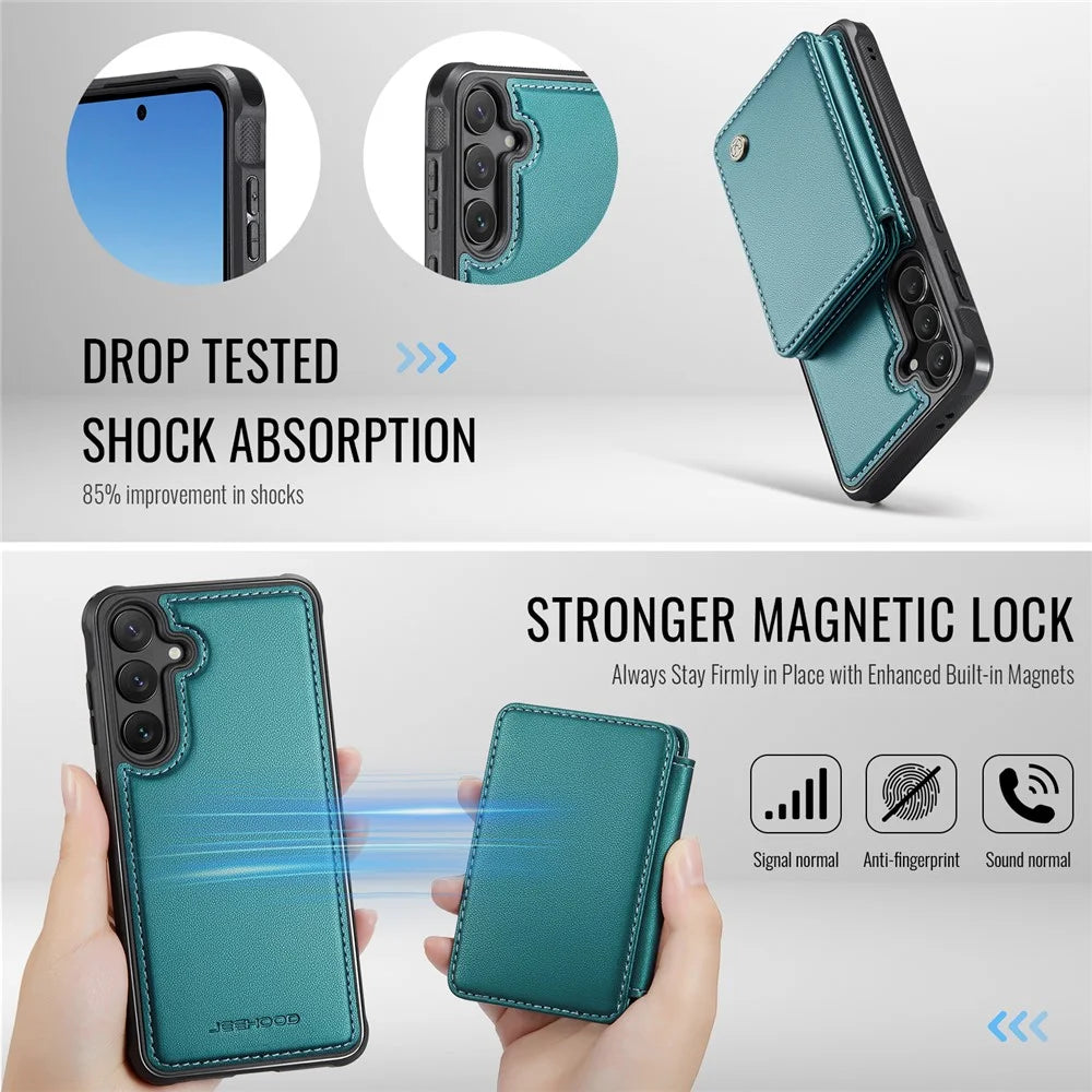 JEEHOOD J05 For Samsung Galaxy S24 FE Case Leather Mobile Cover with Detachable Magnetic Card Bag - Blue - 7