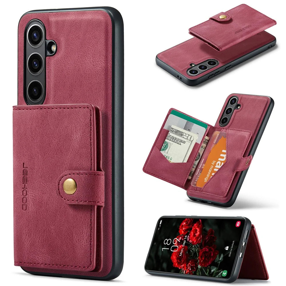 JEEHOOD For Samsung Galaxy S24 FE Case  J01 Retro Leather + TPU Phone Cover Detachable Magnetic Card Holder - Red - 1
