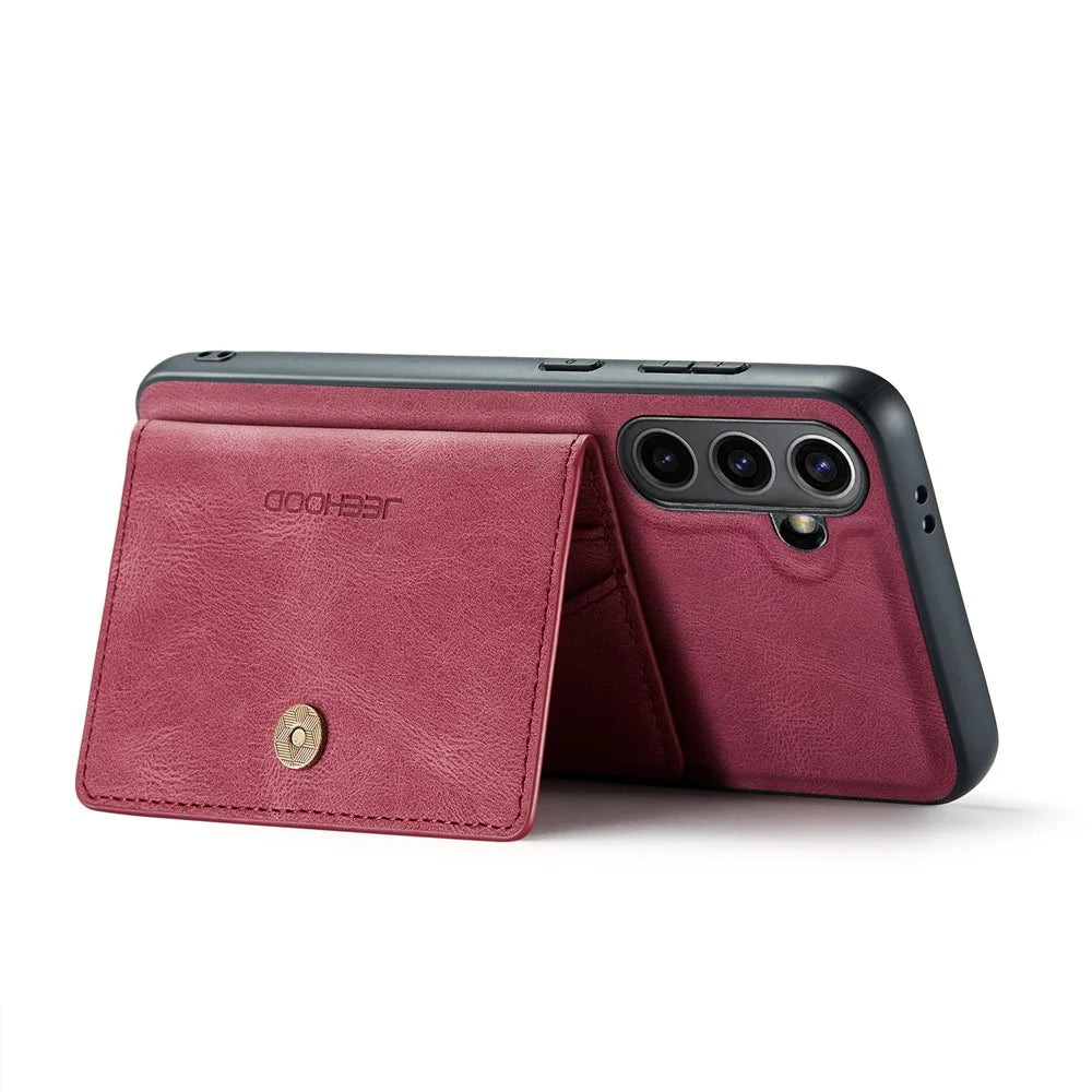 JEEHOOD For Samsung Galaxy S24 FE Case  J01 Retro Leather + TPU Phone Cover Detachable Magnetic Card Holder - Red - 4