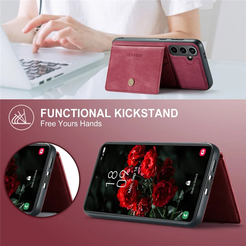 JEEHOOD For Samsung Galaxy S24 FE Case  J01 Retro Leather + TPU Phone Cover Detachable Magnetic Card Holder - Red - 6