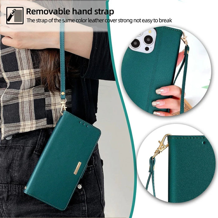 For iPhone 16 Pro Max Leather Wallet Case RFID Blocking Stand Cover with Hand Strap - Green - 7