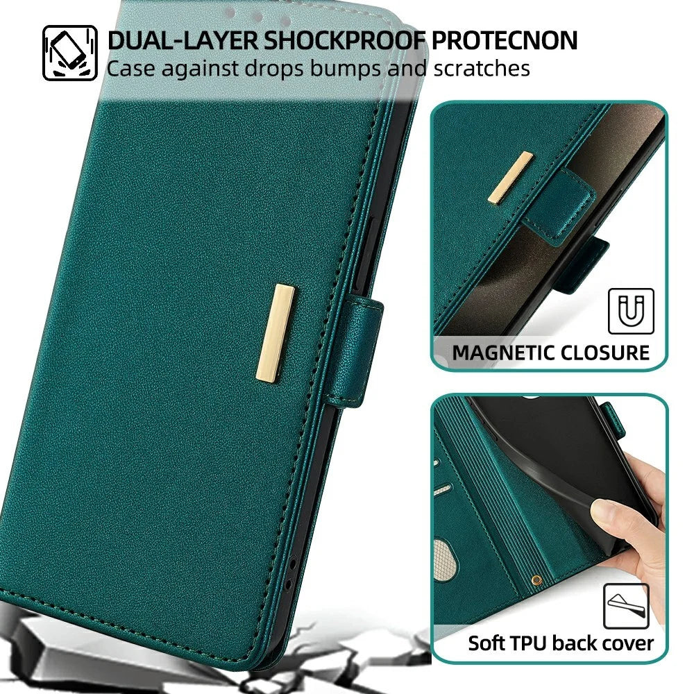 For iPhone 15 Pro Leather Wallet Case RFID Blocking Stand Cover with Hand Strap - Green - 6