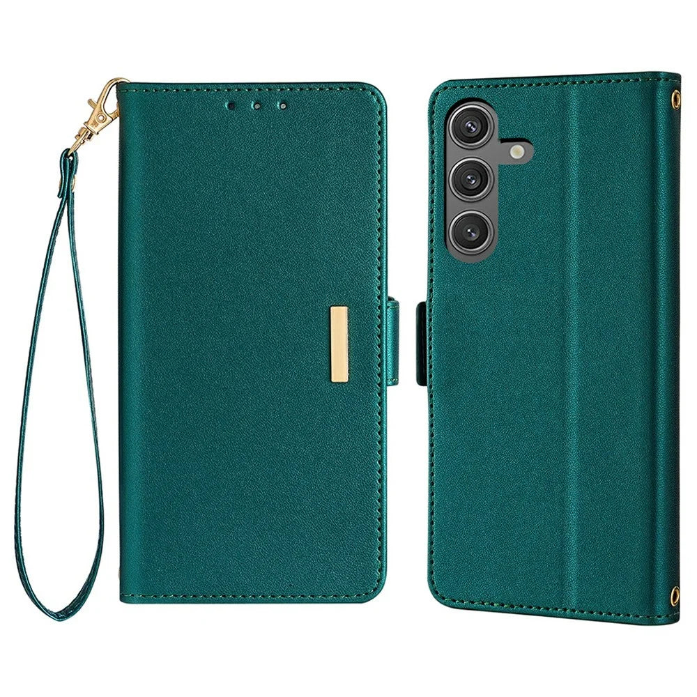 For Samsung Galaxy S24 Leather Wallet Case RFID Blocking Stand Cover with Hand Strap - Green - 1
