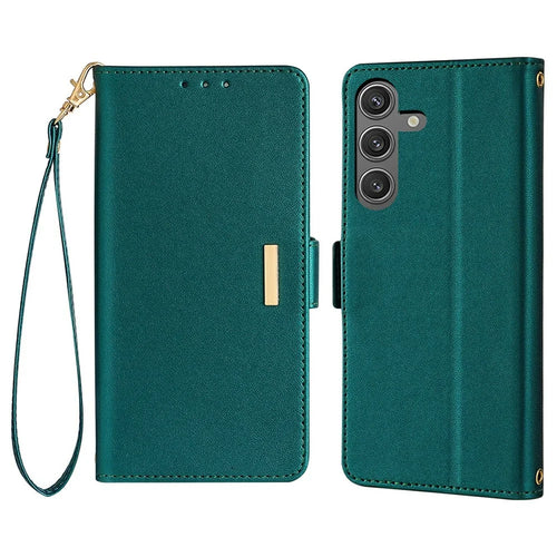 For Samsung Galaxy S24 Leather Wallet Case RFID Blocking Stand Cover with Hand Strap - Green - 1