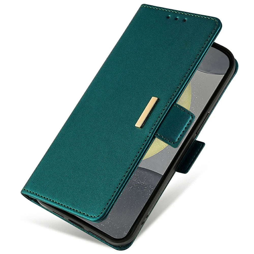 For Samsung Galaxy S24 Leather Wallet Case RFID Blocking Stand Cover with Hand Strap - Green - 5