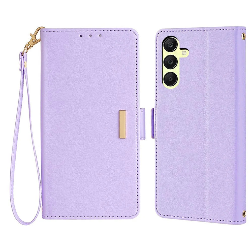 For Samsung Galaxy A15 5G Leather Wallet Case RFID Blocking Stand Cover with Hand Strap - Purple - 1