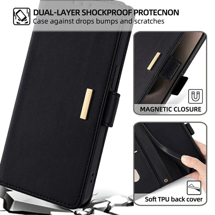 For Google Pixel 8a Leather Wallet Case RFID Blocking Stand Cover with Hand Strap - Black - 6