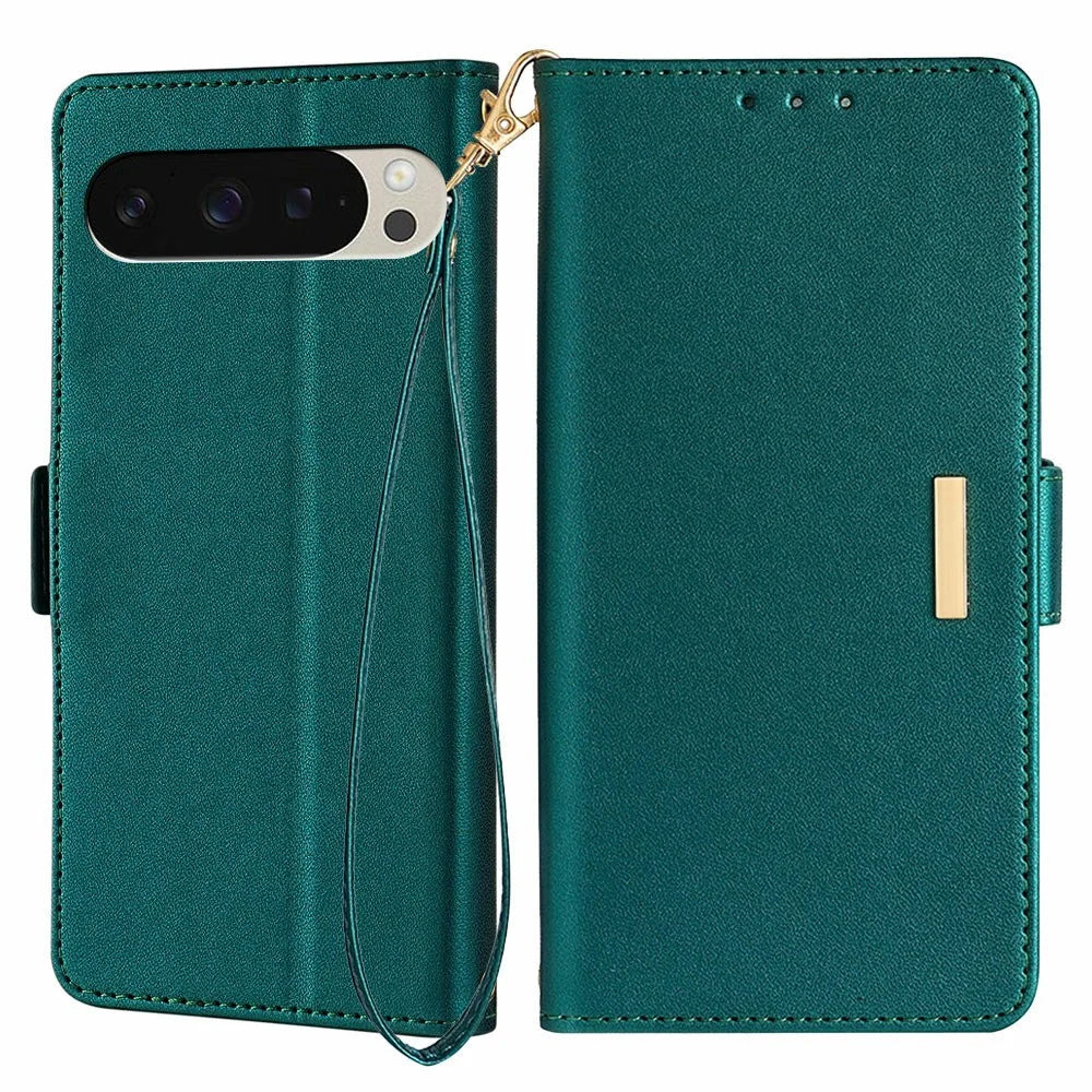 For Google Pixel 9 Pro  /  Pixel 9 Leather Wallet Case RFID Blocking Stand Cover with Hand Strap - Green - 1
