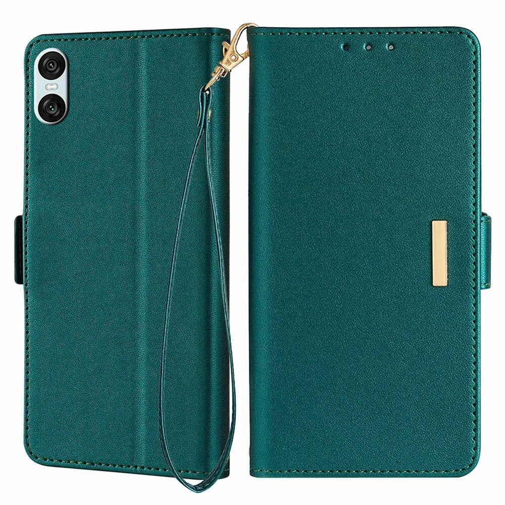 For Sony Xperia 10 IV 5G Leather Wallet Case RFID Blocking Stand Cover with Hand Strap - Green - 1