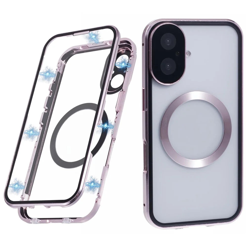 For iPhone 16 Plus Case Double Sides Tempered Glass Phone Cover Compatible with MagSafe Full Protector - Rose Gold - 1