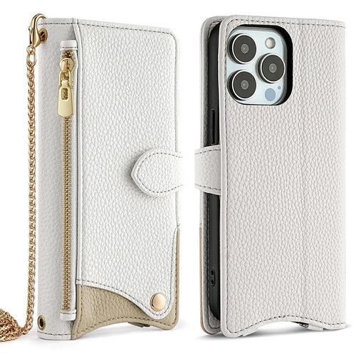 For iPhone 15 Pro Leather Case Wallet Stand Cover Irregular Tail Style with Chain Strap - White - 1