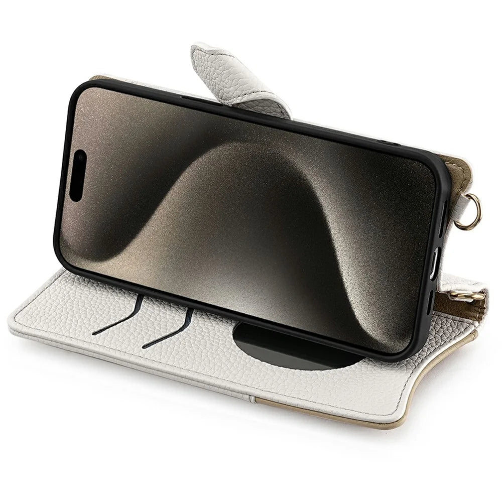 For iPhone 15 Pro Leather Case Wallet Stand Cover Irregular Tail Style with Chain Strap - White - 3