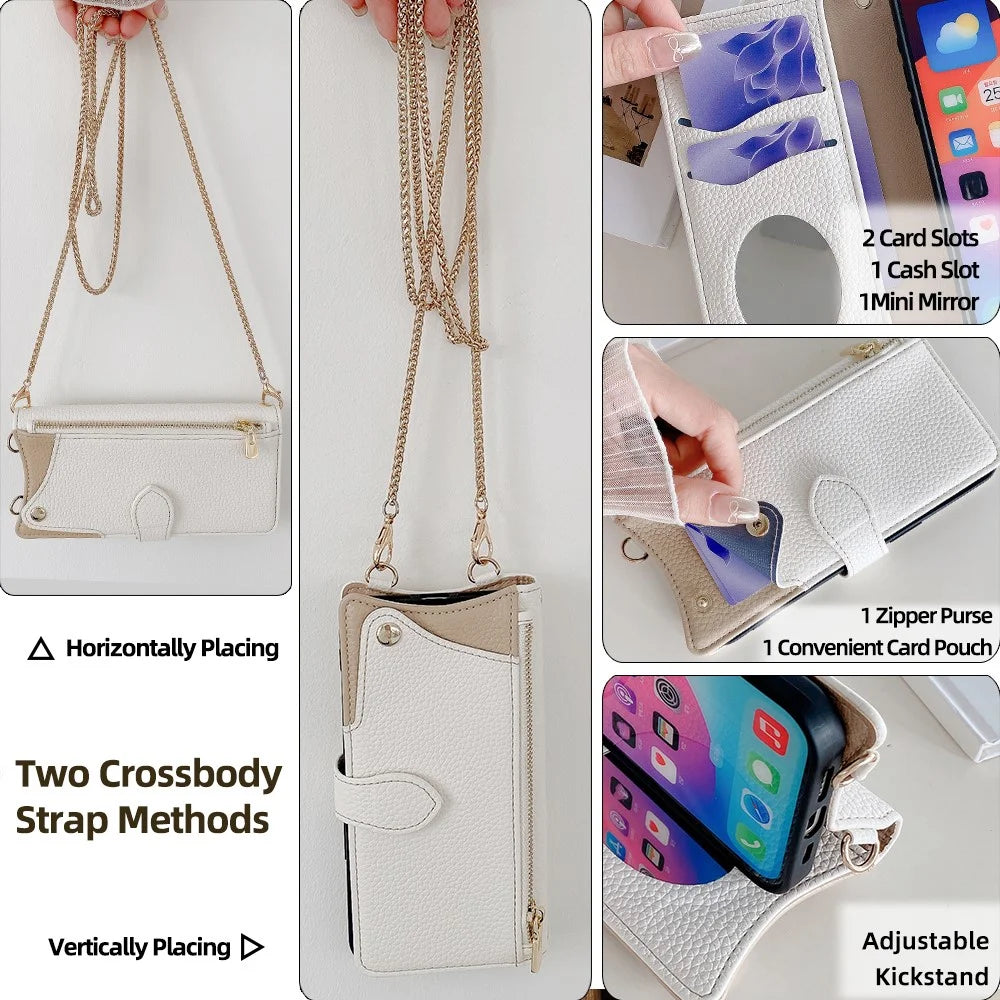 For iPhone 15 Pro Leather Case Wallet Stand Cover Irregular Tail Style with Chain Strap - White - 5