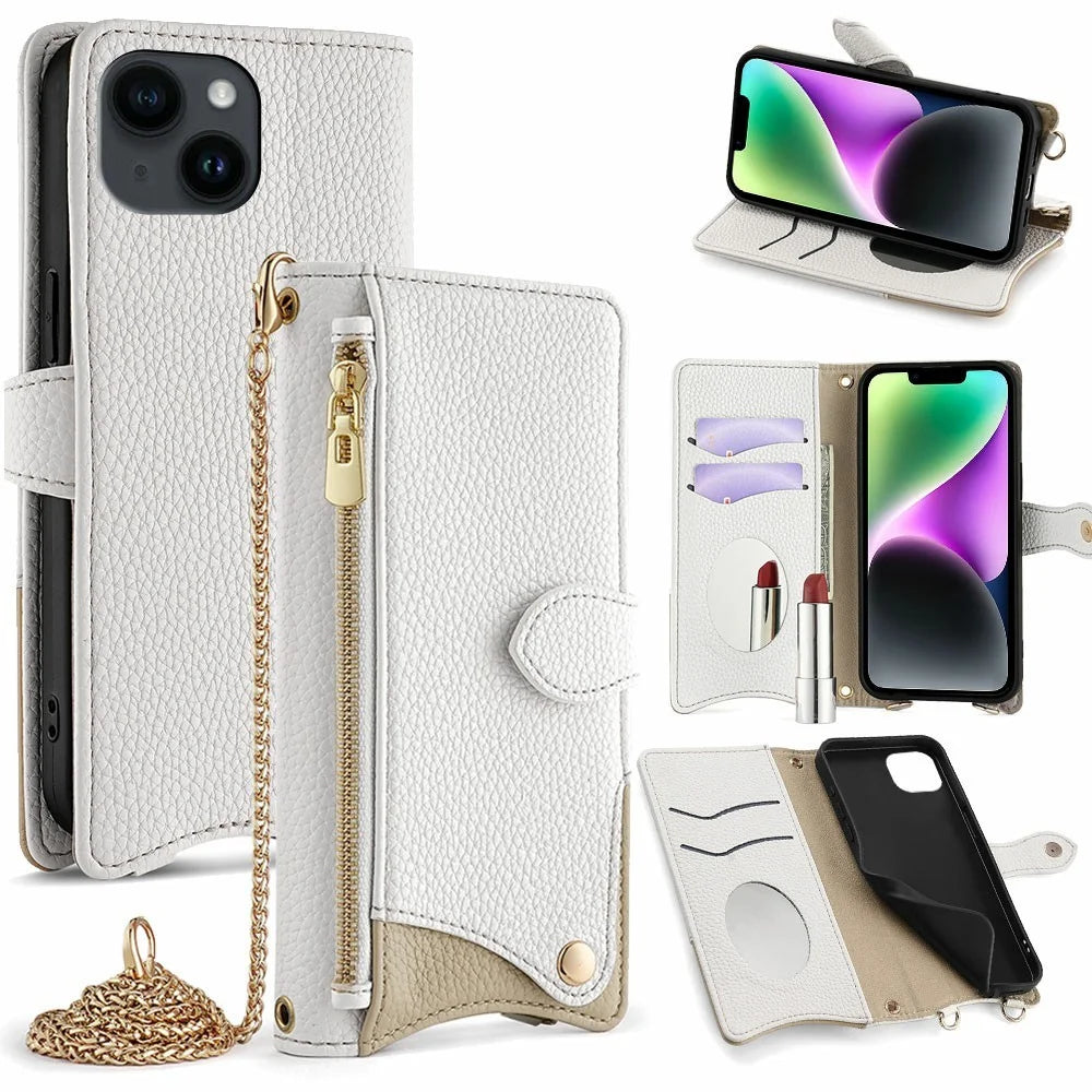 For iPhone 15 Leather Case Wallet Stand Cover Irregular Tail Style with Chain Strap - White - 1