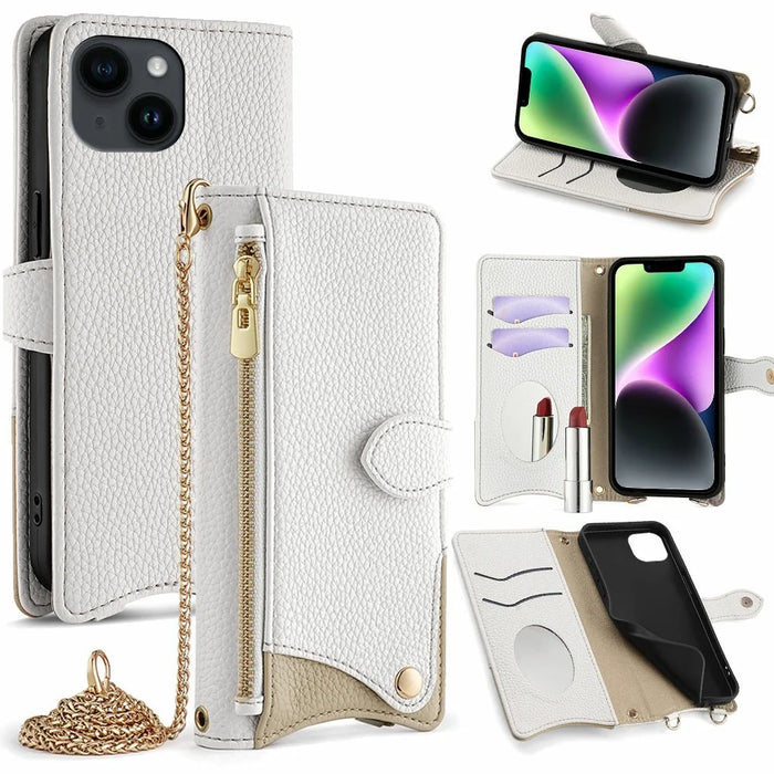 For iPhone 15 Leather Case Wallet Stand Cover Irregular Tail Style with Chain Strap - White - 1