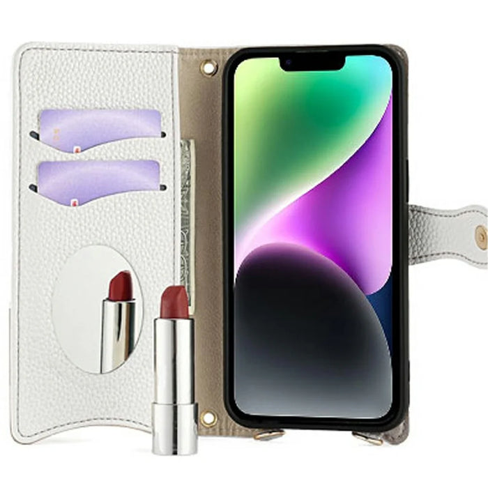 For iPhone 15 Leather Case Wallet Stand Cover Irregular Tail Style with Chain Strap - White - 2
