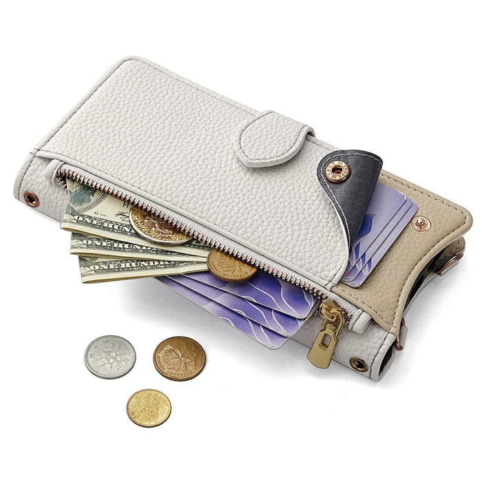 For iPhone 15 Leather Case Wallet Stand Cover Irregular Tail Style with Chain Strap - White - 4