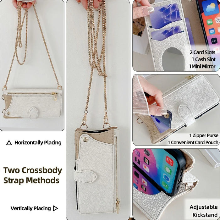 For iPhone 14 Leather Case Wallet Stand Cover Irregular Tail Style with Chain Strap - White - 5