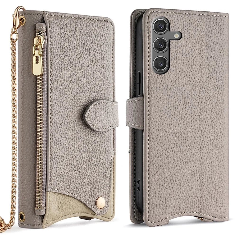 For Samsung Galaxy S23 FE Leather Case Wallet Stand Cover Irregular Tail Style with Chain Strap - Grey - 1