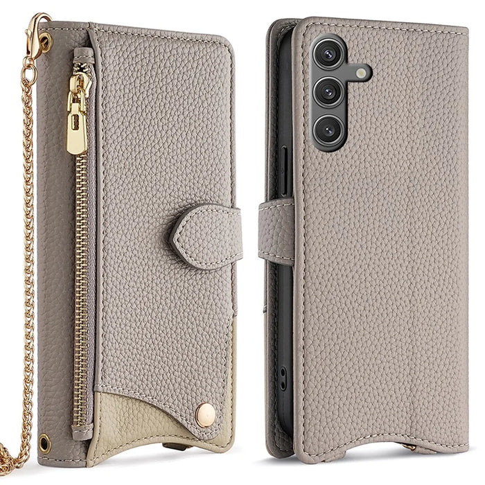 For Samsung Galaxy S23 FE Leather Case Wallet Stand Cover Irregular Tail Style with Chain Strap - Grey - 1