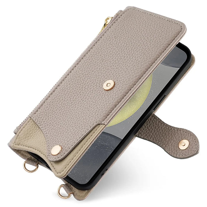 For Samsung Galaxy S23 FE Leather Case Wallet Stand Cover Irregular Tail Style with Chain Strap - Grey - 5