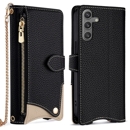 For Samsung Galaxy S24 FE Leather Case Wallet Stand Cover Irregular Tail Style with Chain Strap - Black - 1