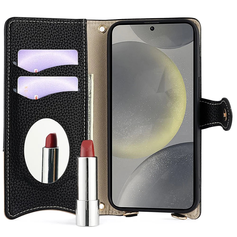 For Samsung Galaxy S24 FE Leather Case Wallet Stand Cover Irregular Tail Style with Chain Strap - Black - 2