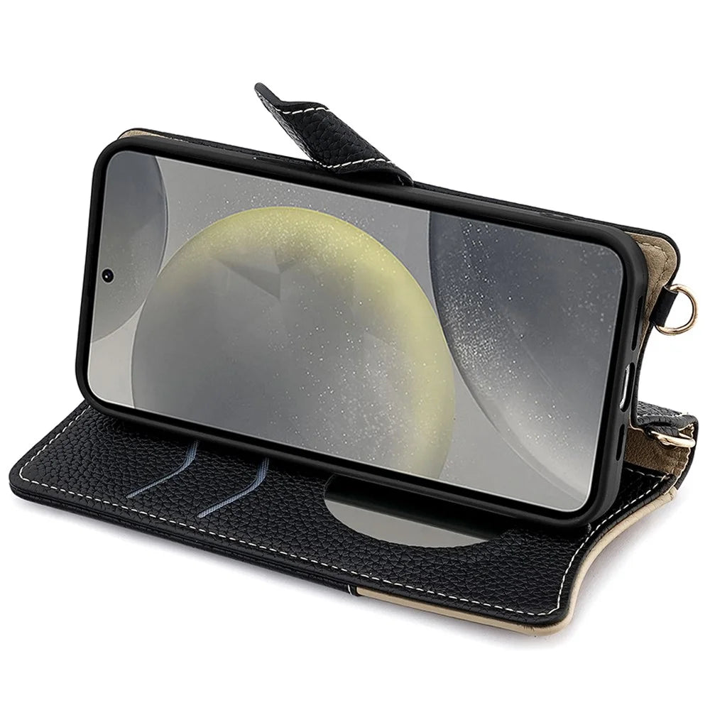 For Samsung Galaxy S24 FE Leather Case Wallet Stand Cover Irregular Tail Style with Chain Strap - Black - 3