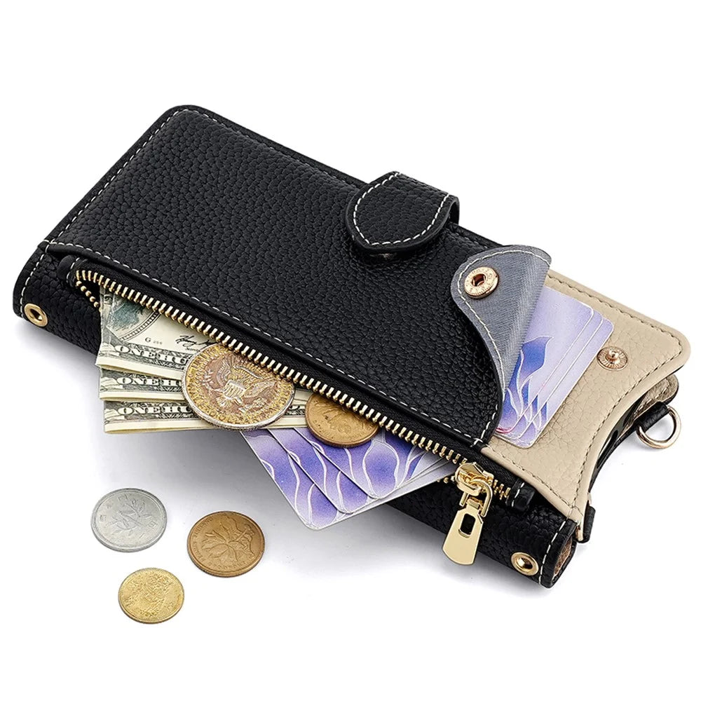 For Samsung Galaxy S24 FE Leather Case Wallet Stand Cover Irregular Tail Style with Chain Strap - Black - 4