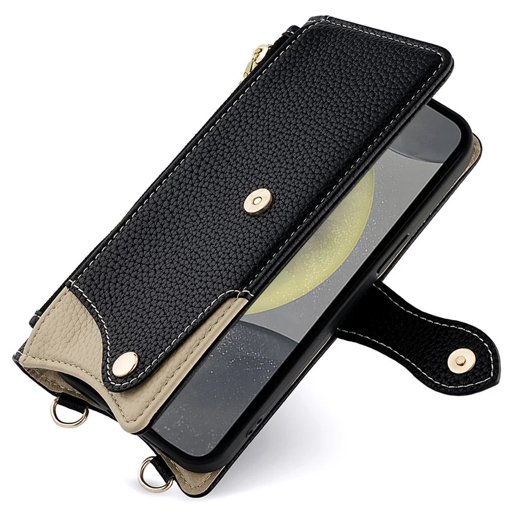 For Samsung Galaxy S24 FE Leather Case Wallet Stand Cover Irregular Tail Style with Chain Strap - Black - 5
