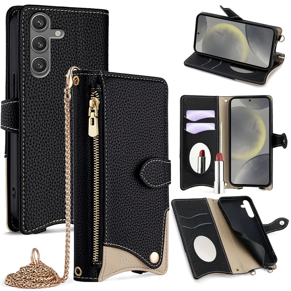 For Samsung Galaxy S24 FE Leather Case Wallet Stand Cover Irregular Tail Style with Chain Strap - Black - 7