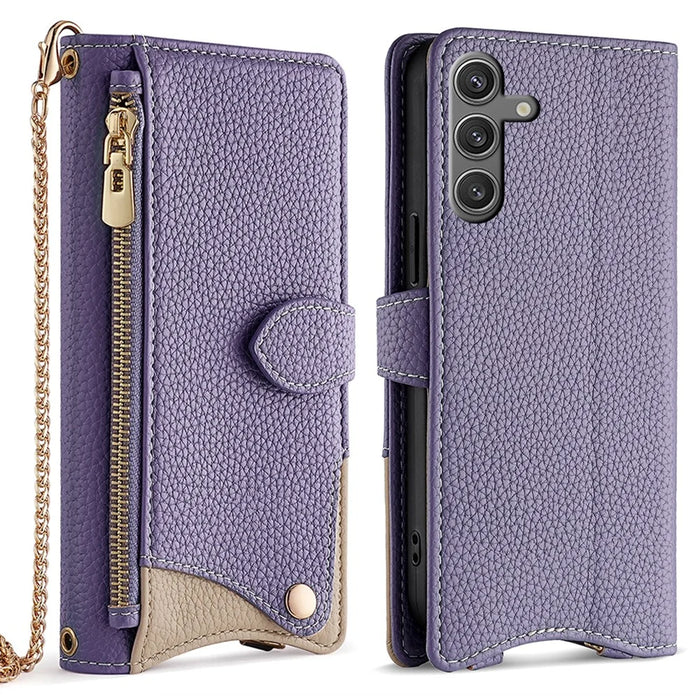 For Samsung Galaxy S24 Leather Case Wallet Stand Cover Irregular Tail Style with Chain Strap - Purple - 1