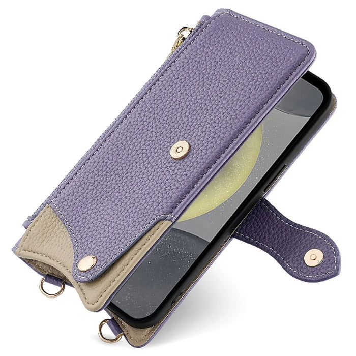For Samsung Galaxy S24 Leather Case Wallet Stand Cover Irregular Tail Style with Chain Strap - Purple - 5