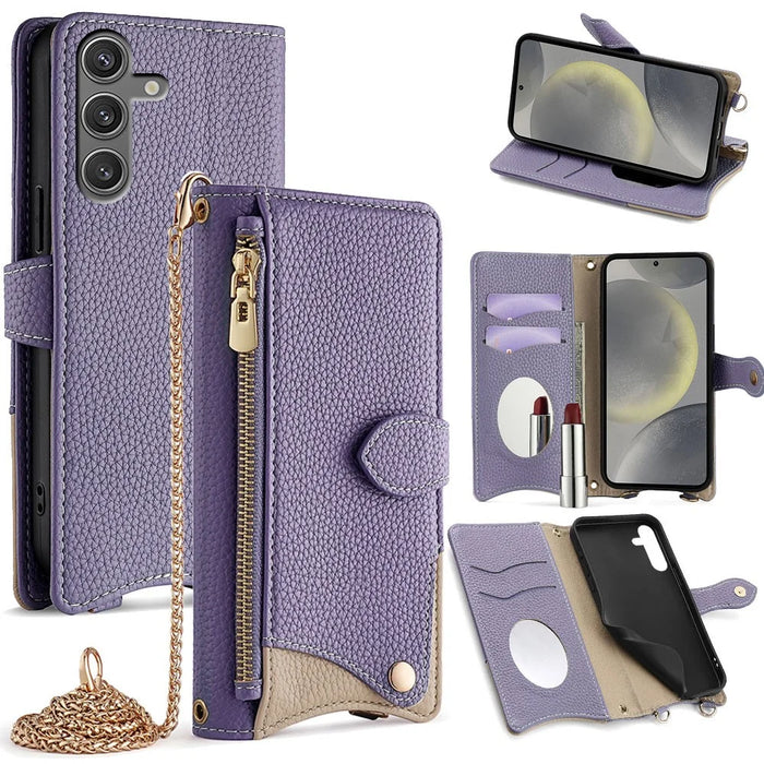 For Samsung Galaxy S24 Leather Case Wallet Stand Cover Irregular Tail Style with Chain Strap - Purple - 7