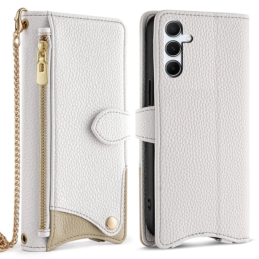 For Samsung Galaxy A15 5G Leather Case Wallet Stand Cover Irregular Tail Style with Chain Strap - White - 1